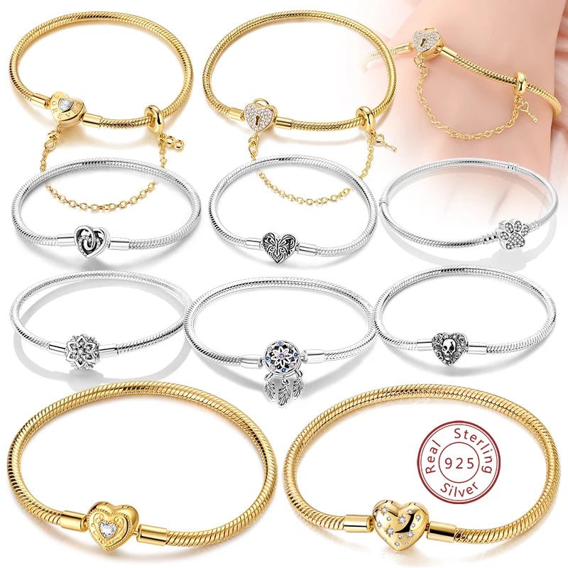 Original Bracelet 925 Sterling Silver Charm Bracelet 17-20CM Golden Heart Love Key Snowflake Bracelet Bangle Women Jewelry Gift - Tara's Tiny Treasures