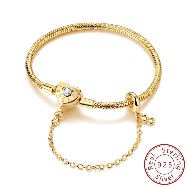 Original Bracelet 925 Sterling Silver Charm Bracelet 17-20CM Golden Heart Love Key Snowflake Bracelet Bangle Women Jewelry Gift - Tara's Tiny Treasures