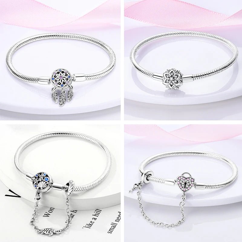 Original Bracelet 925 Sterling Silver Charm Bracelet 17-20CM Golden Heart Love Key Snowflake Bracelet Bangle Women Jewelry Gift - Tara's Tiny Treasures