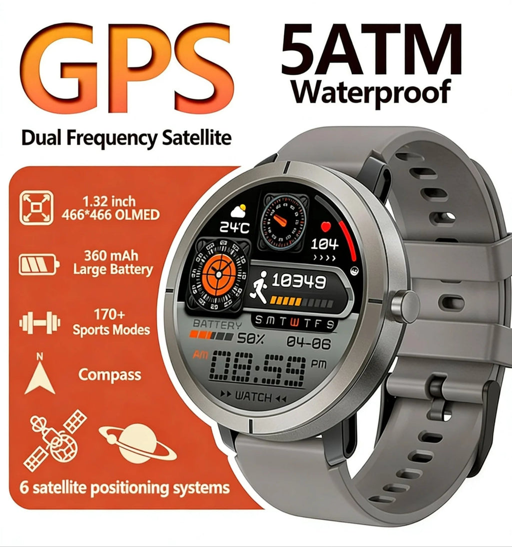 Outdoor Sports GPS Smart Watch for Men Compass Flashlight AMOLED 5ATM Waterproof Rugged Fitness Relojes Smart Watch Per Uomo - Tara's Tiny Treasures