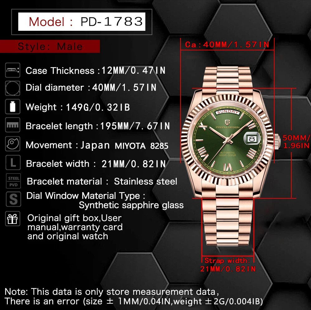 PAGANI DESIGN Niche Premium Men Mechanical Watch French Retro Palace Style Stainless Steel Sapphire Dive Date/Week Display Watch - Tara's Tiny Treasures