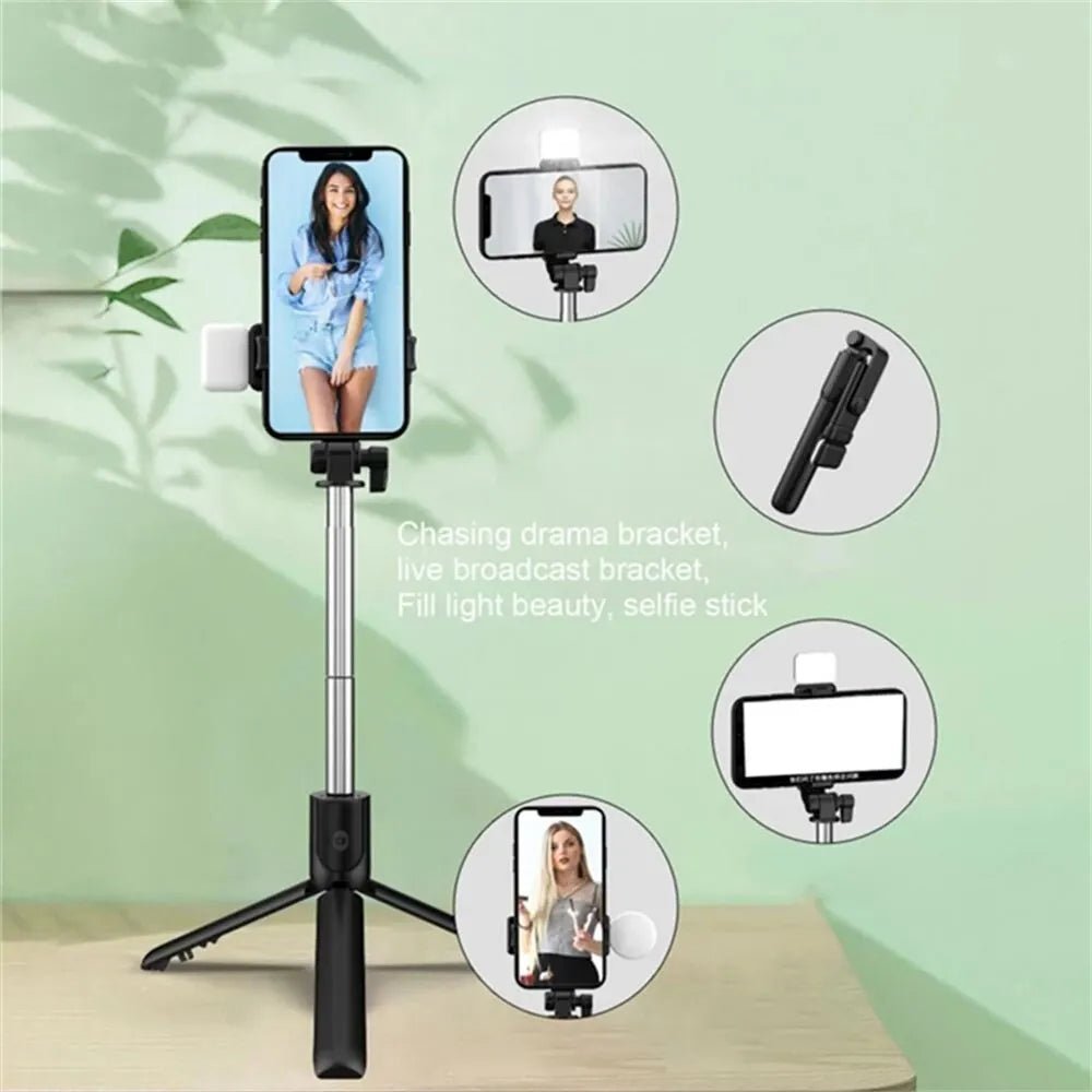 Portable Bluetooth Selfie Stick Tripod Holder with Remote Shutter Fill Light Extendable Wireless Remote Retractable Phone Stand - Tara's Tiny Treasures