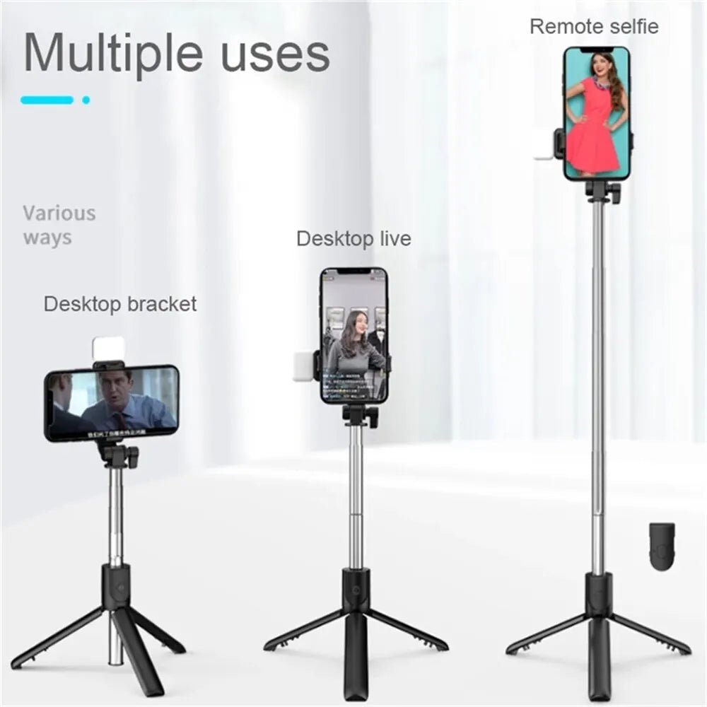 Portable Bluetooth Selfie Stick Tripod Holder with Remote Shutter Fill Light Extendable Wireless Remote Retractable Phone Stand - Tara's Tiny Treasures