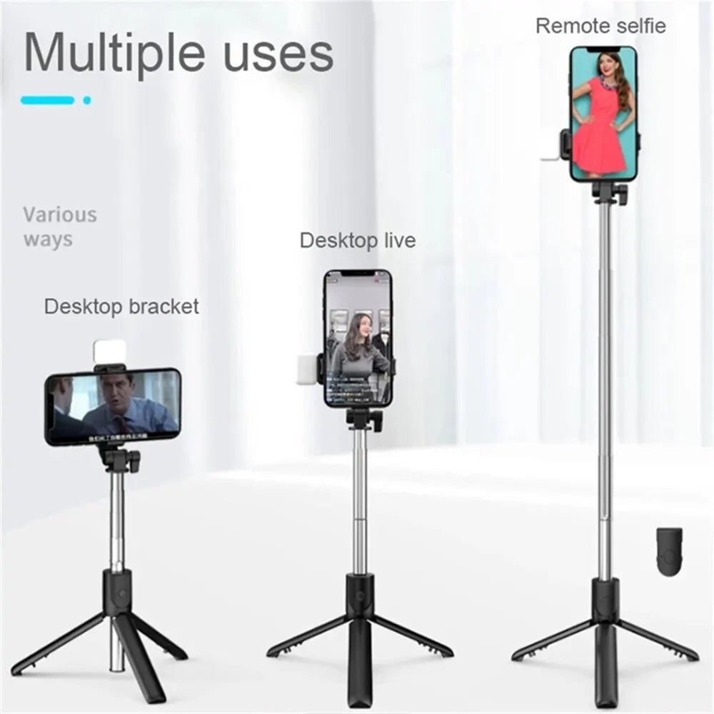 Portable Bluetooth Selfie Stick Tripod Holder with Remote Shutter Fill Light Extendable Wireless Remote Retractable Phone Stand - Tara's Tiny Treasures