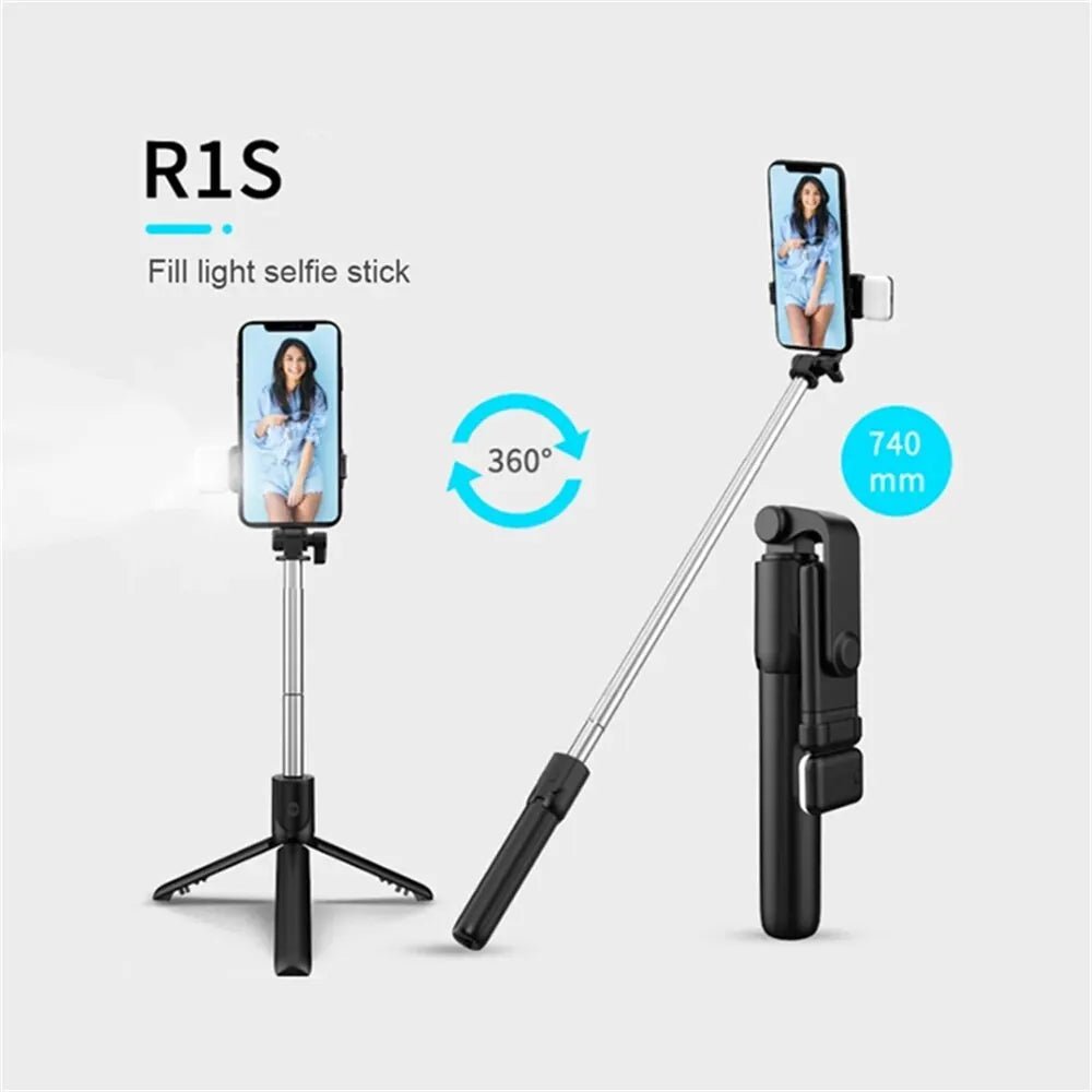Portable Bluetooth Selfie Stick Tripod Holder with Remote Shutter Fill Light Extendable Wireless Remote Retractable Phone Stand - Tara's Tiny Treasures