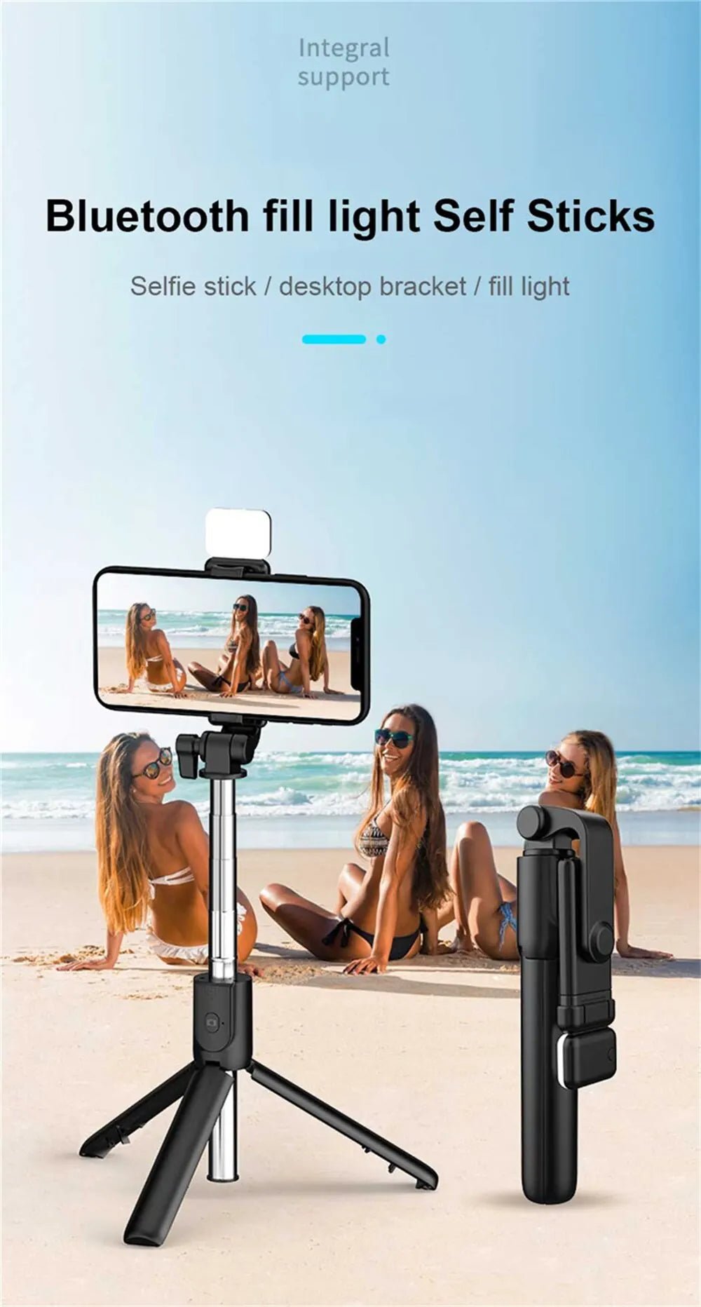 Portable Bluetooth Selfie Stick Tripod Holder with Remote Shutter Fill Light Extendable Wireless Remote Retractable Phone Stand - Tara's Tiny Treasures