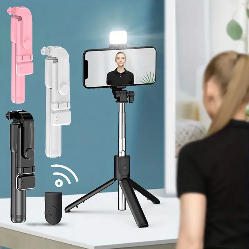 Portable Bluetooth Selfie Stick Tripod Holder with Remote Shutter Fill Light Extendable Wireless Remote Retractable Phone Stand - Tara's Tiny Treasures