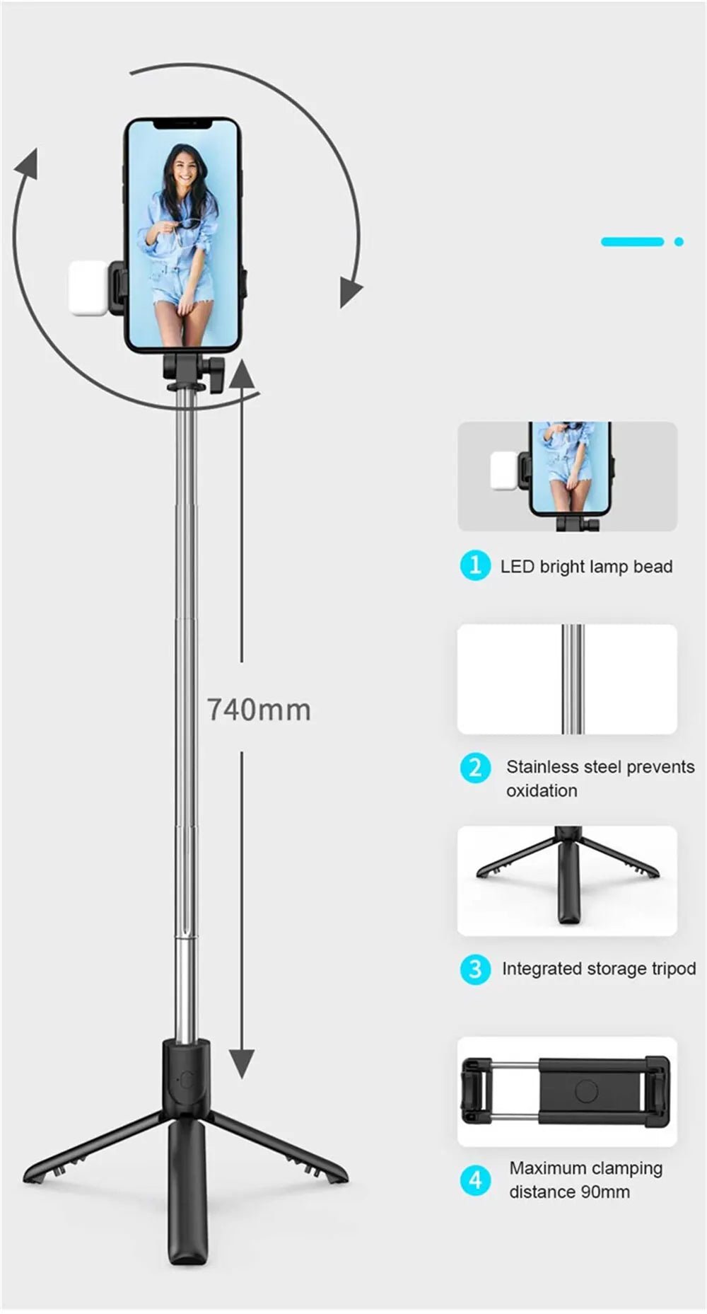 Portable Bluetooth Selfie Stick Tripod Holder with Remote Shutter Fill Light Extendable Wireless Remote Retractable Phone Stand - Tara's Tiny Treasures