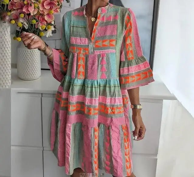 Printed V-neck seven quarter sleeve dress - Tara's Tiny Treasures