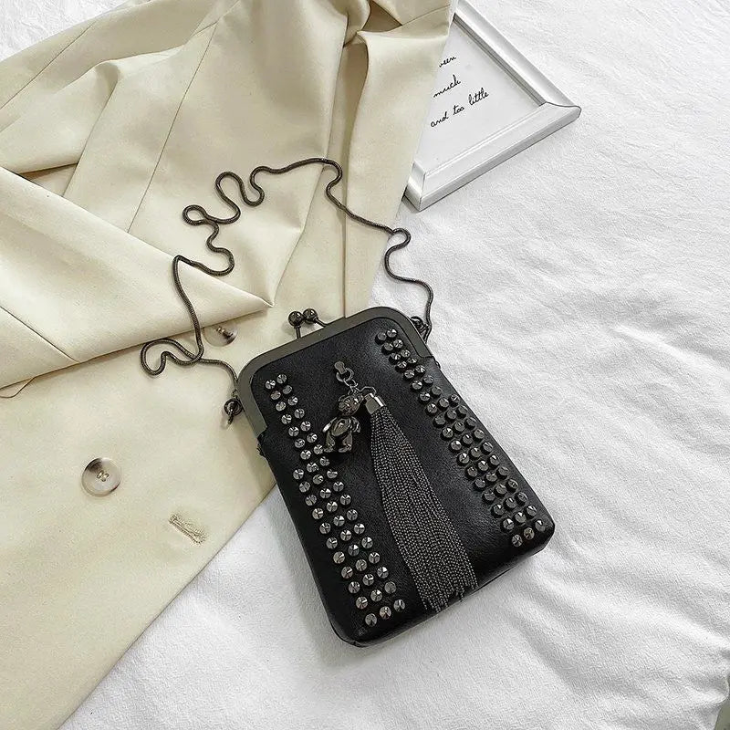 Rivet Fringe Fashion Vintage Punk Designer Bags PU Leather Bag Chain Women Shoulder Crossbody Bags Women's Handbags Phone Purse - Tara's Tiny Treasures