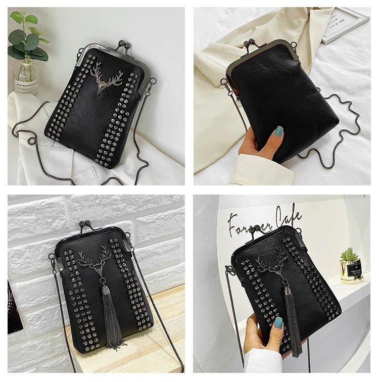 Rivet Fringe Fashion Vintage Punk Designer Bags PU Leather Bag Chain Women Shoulder Crossbody Bags Women's Handbags Phone Purse - Tara's Tiny Treasures