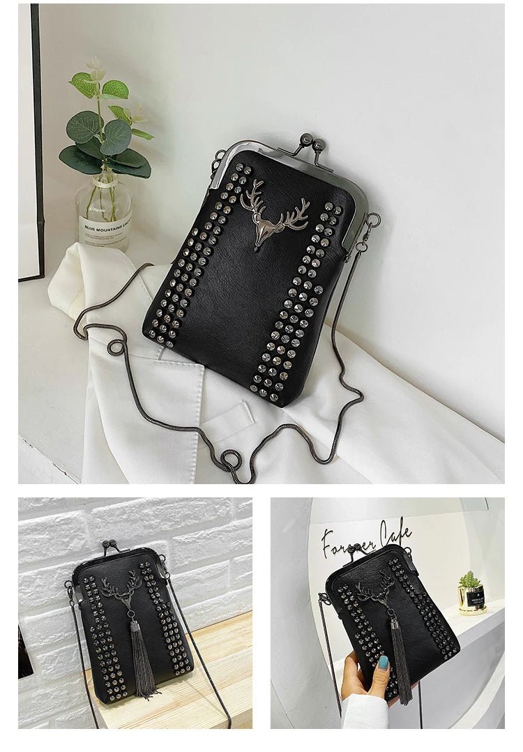 Rivet Fringe Fashion Vintage Punk Designer Bags PU Leather Bag Chain Women Shoulder Crossbody Bags Women's Handbags Phone Purse - Tara's Tiny Treasures