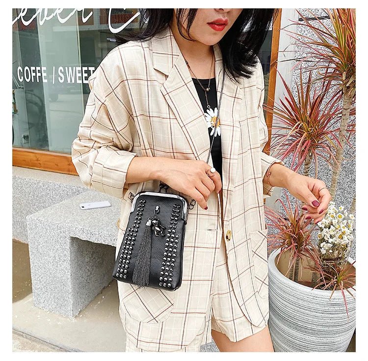 Rivet Fringe Fashion Vintage Punk Designer Bags PU Leather Bag Chain Women Shoulder Crossbody Bags Women's Handbags Phone Purse - Tara's Tiny Treasures