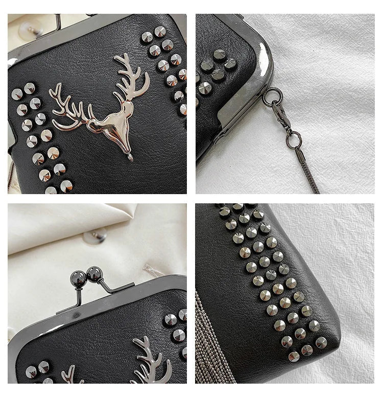 Rivet Fringe Fashion Vintage Punk Designer Bags PU Leather Bag Chain Women Shoulder Crossbody Bags Women's Handbags Phone Purse - Tara's Tiny Treasures