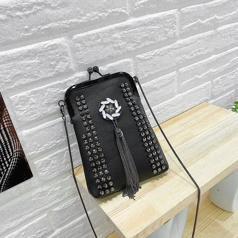 Rivet Fringe Fashion Vintage Punk Designer Bags PU Leather Bag Chain Women Shoulder Crossbody Bags Women's Handbags Phone Purse - Tara's Tiny Treasures