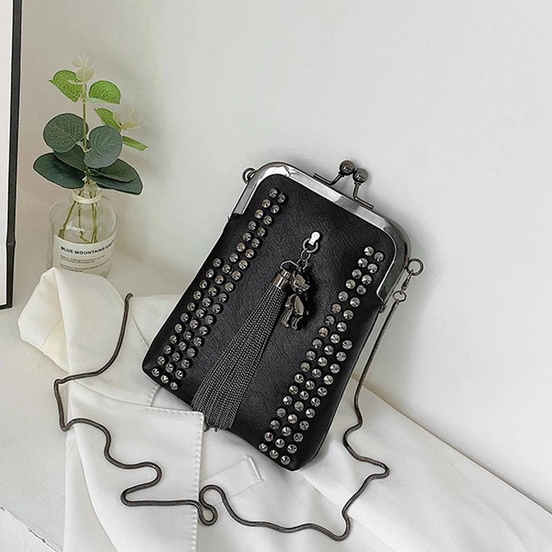 Rivet Fringe Fashion Vintage Punk Designer Bags PU Leather Bag Chain Women Shoulder Crossbody Bags Women's Handbags Phone Purse - Tara's Tiny Treasures