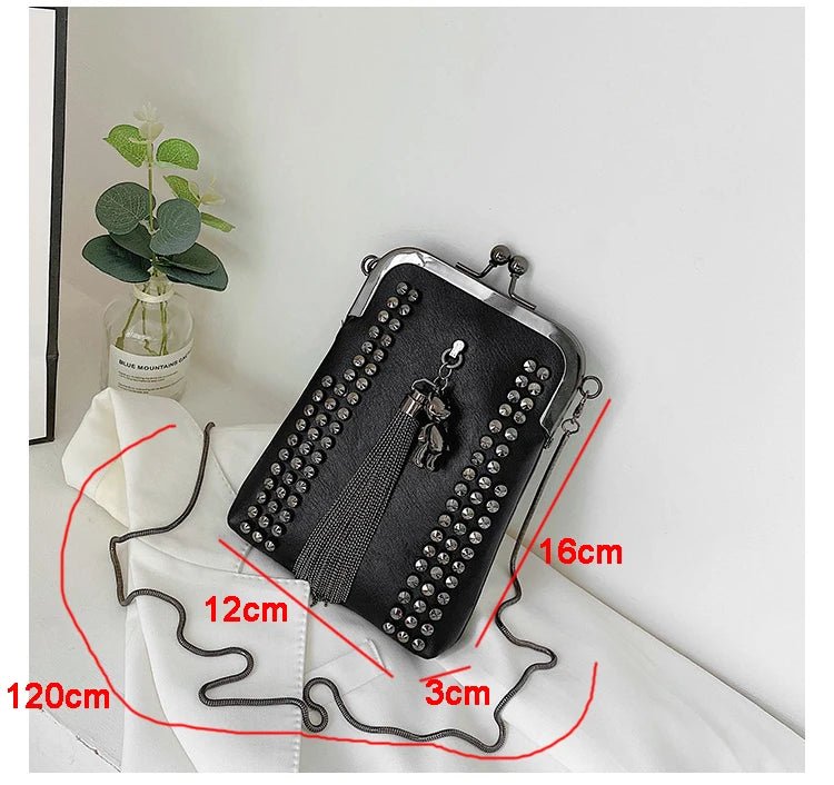Rivet Fringe Fashion Vintage Punk Designer Bags PU Leather Bag Chain Women Shoulder Crossbody Bags Women's Handbags Phone Purse - Tara's Tiny Treasures