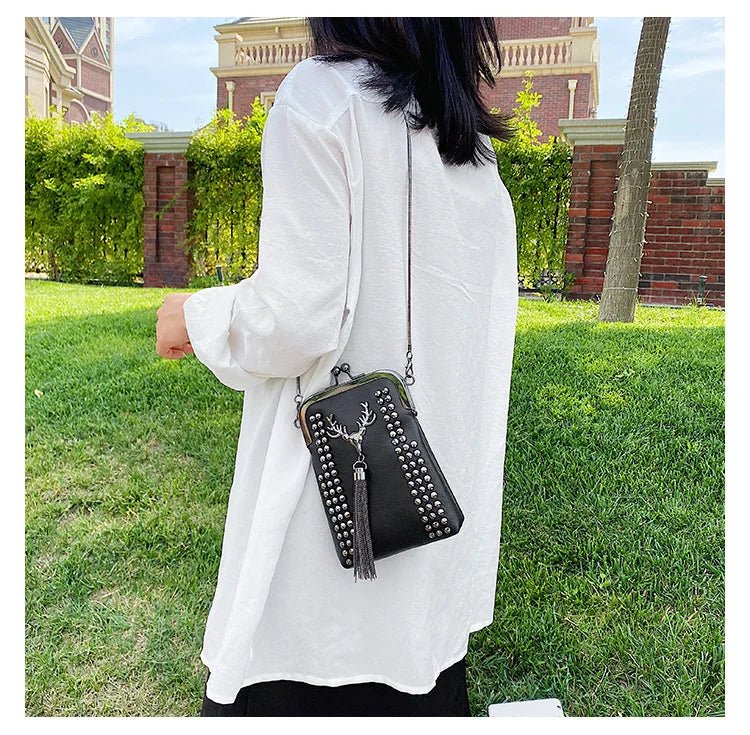 Rivet Fringe Fashion Vintage Punk Designer Bags PU Leather Bag Chain Women Shoulder Crossbody Bags Women's Handbags Phone Purse - Tara's Tiny Treasures