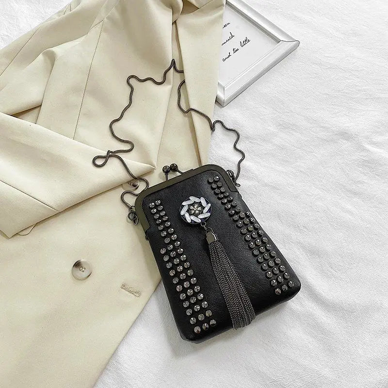 Rivet Fringe Fashion Vintage Punk Designer Bags PU Leather Bag Chain Women Shoulder Crossbody Bags Women's Handbags Phone Purse - Tara's Tiny Treasures