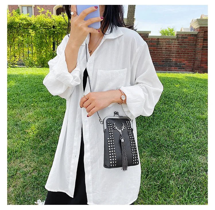 Rivet Fringe Fashion Vintage Punk Designer Bags PU Leather Bag Chain Women Shoulder Crossbody Bags Women's Handbags Phone Purse - Tara's Tiny Treasures