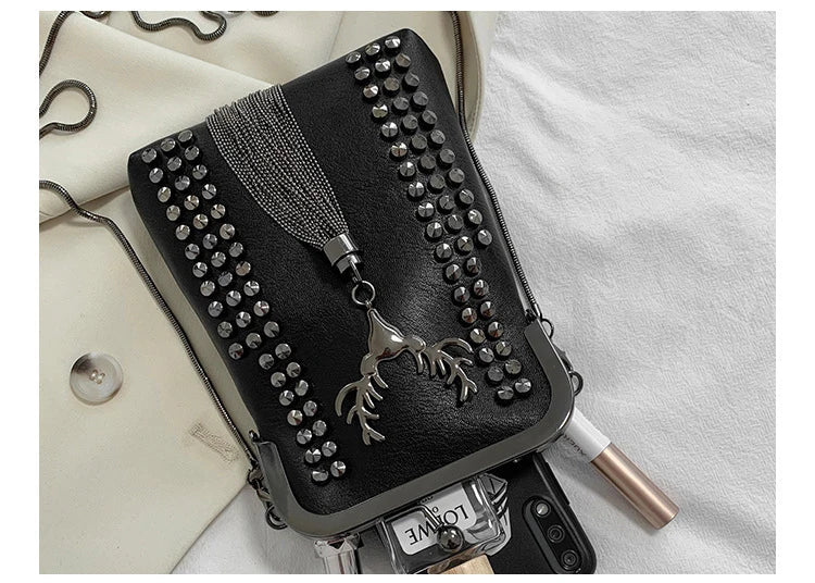 Rivet Fringe Fashion Vintage Punk Designer Bags PU Leather Bag Chain Women Shoulder Crossbody Bags Women's Handbags Phone Purse - Tara's Tiny Treasures