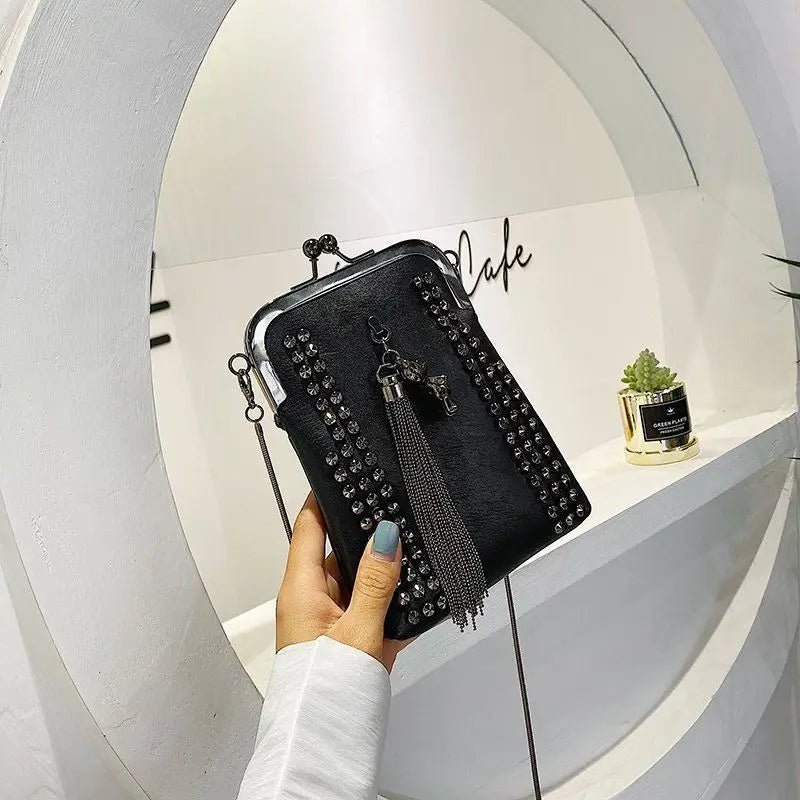 Rivet Fringe Fashion Vintage Punk Designer Bags PU Leather Bag Chain Women Shoulder Crossbody Bags Women's Handbags Phone Purse - Tara's Tiny Treasures