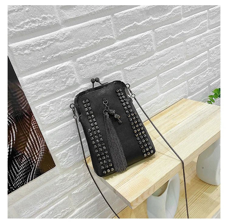 Rivet Fringe Fashion Vintage Punk Designer Bags PU Leather Bag Chain Women Shoulder Crossbody Bags Women's Handbags Phone Purse - Tara's Tiny Treasures