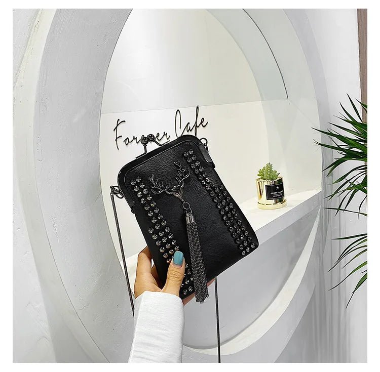 Rivet Fringe Fashion Vintage Punk Designer Bags PU Leather Bag Chain Women Shoulder Crossbody Bags Women's Handbags Phone Purse - Tara's Tiny Treasures