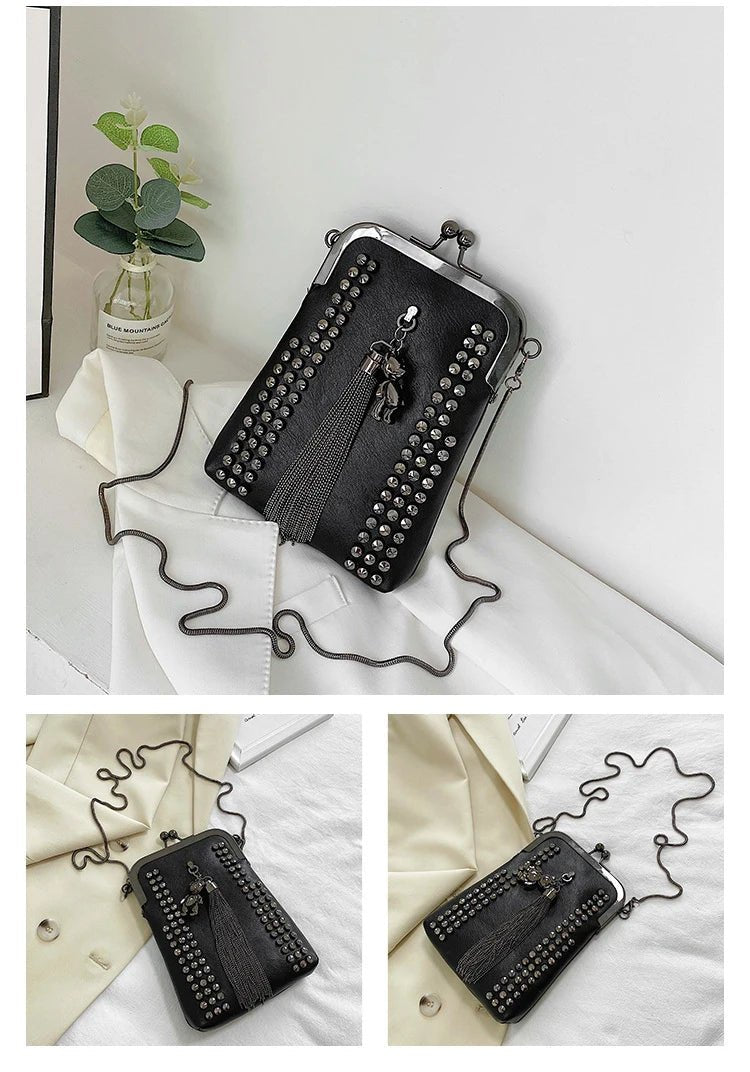 Rivet Fringe Fashion Vintage Punk Designer Bags PU Leather Bag Chain Women Shoulder Crossbody Bags Women's Handbags Phone Purse - Tara's Tiny Treasures