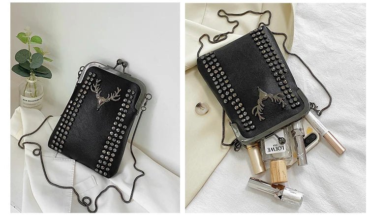 Rivet Fringe Fashion Vintage Punk Designer Bags PU Leather Bag Chain Women Shoulder Crossbody Bags Women's Handbags Phone Purse - Tara's Tiny Treasures