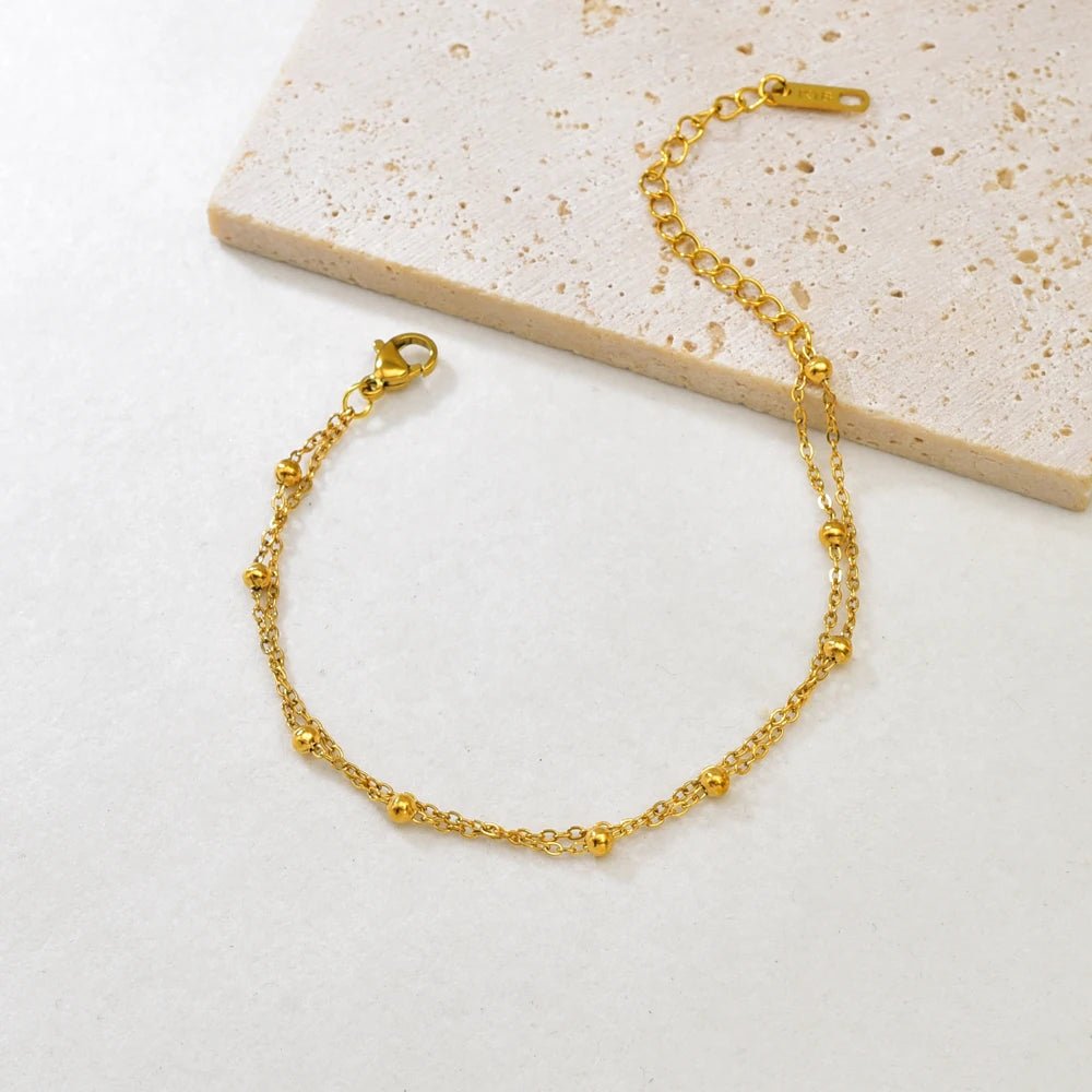 S09 Simple Korean style Double-layer round Ball Small ball Gold bead bracelet, stainless steel gold women's style - Tara's Tiny Treasures