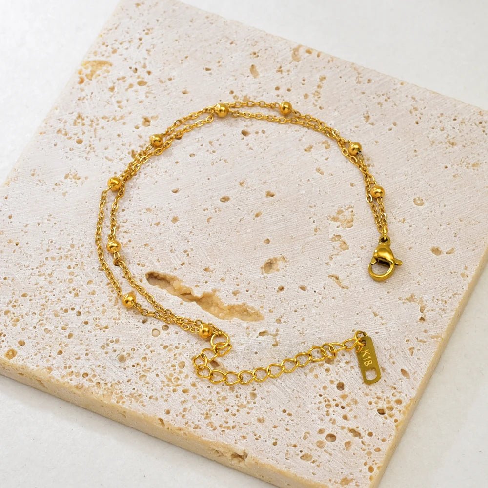 S09 Simple Korean style Double-layer round Ball Small ball Gold bead bracelet, stainless steel gold women's style - Tara's Tiny Treasures