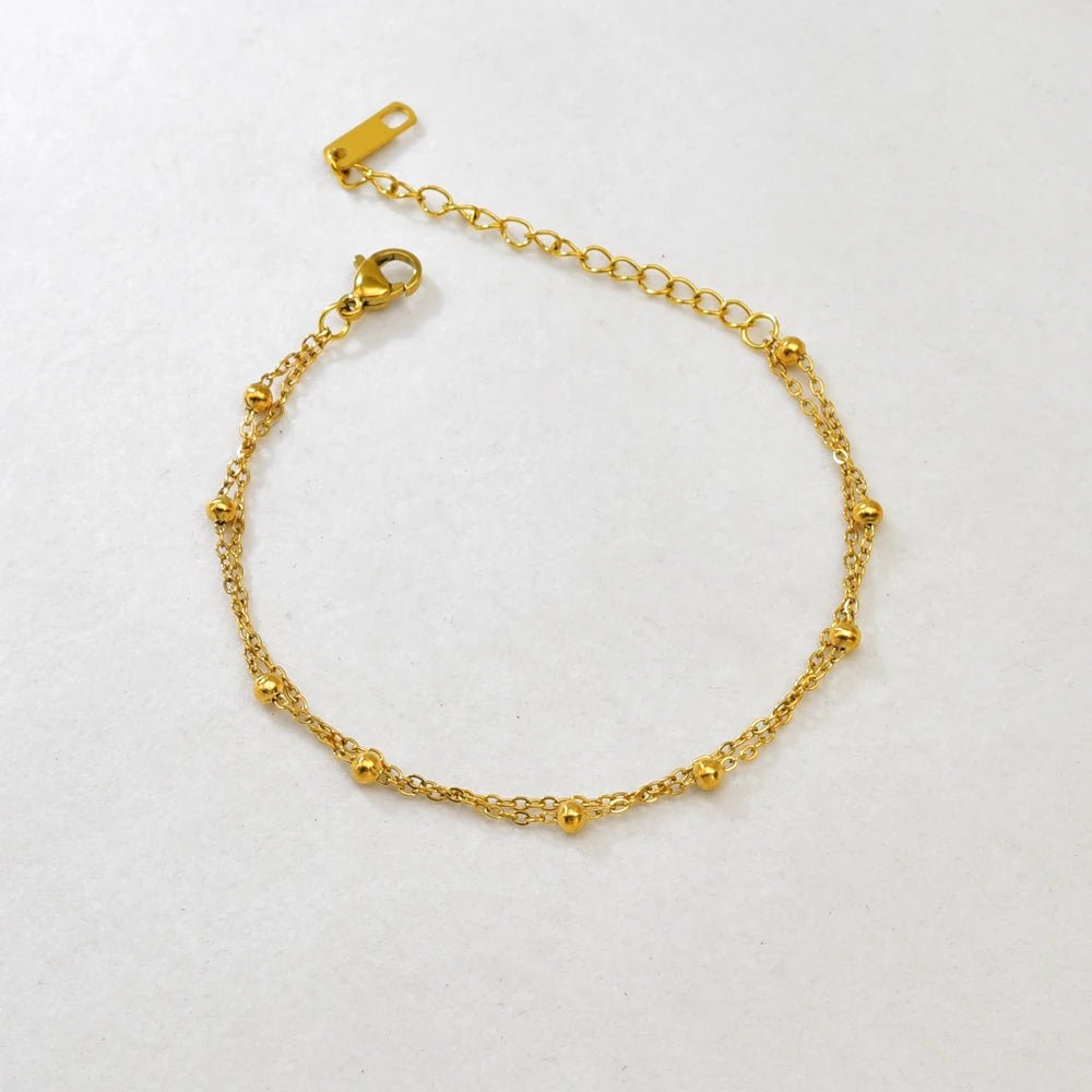 S09 Simple Korean style Double-layer round Ball Small ball Gold bead bracelet, stainless steel gold women's style - Tara's Tiny Treasures