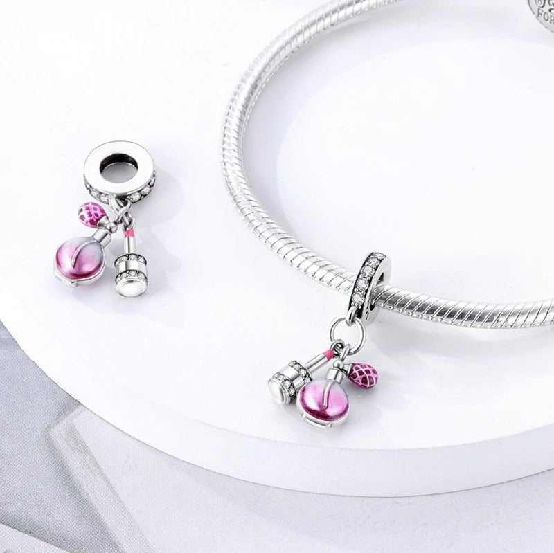S925 Silver Plated Pink Perfume Bottle Luggage Camera Airplane Pendants Charms Fit Original Bracelets DIY Birthday Jewelry Gifts - Tara's Tiny Treasures