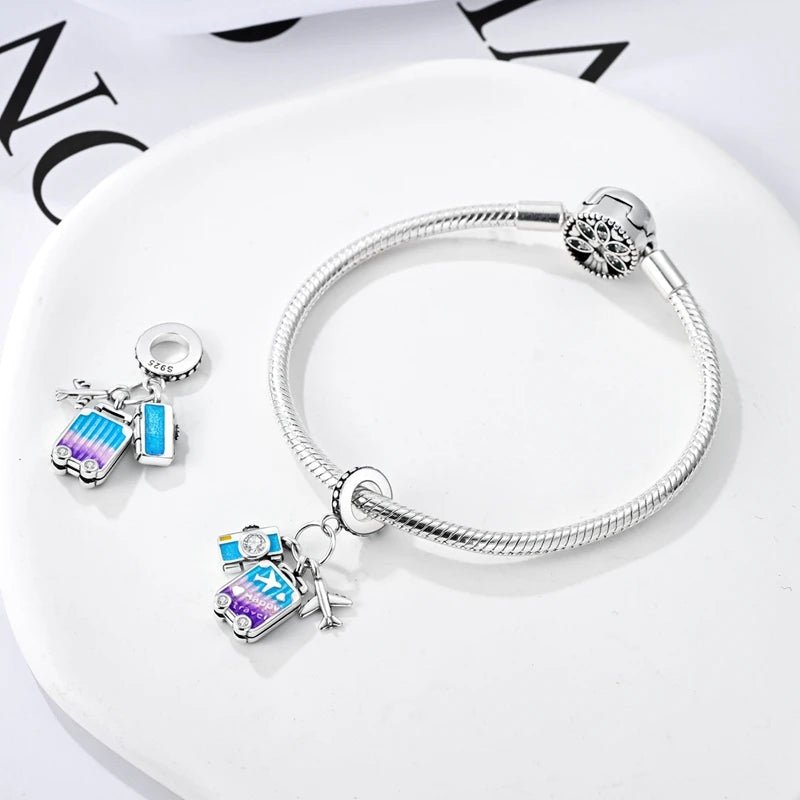 S925 Silver Plated Pink Perfume Bottle Luggage Camera Airplane Pendants Charms Fit Original Bracelets DIY Birthday Jewelry Gifts - Tara's Tiny Treasures