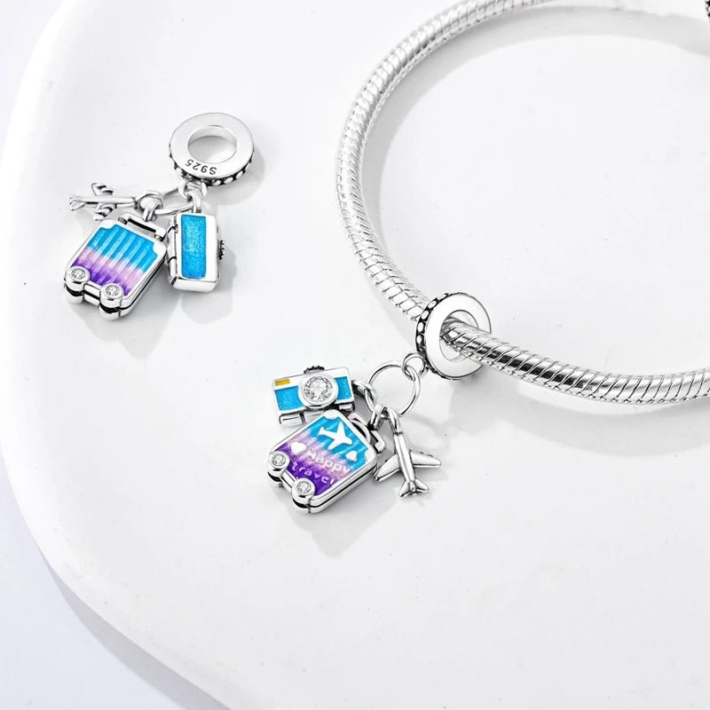 S925 Silver Plated Pink Perfume Bottle Luggage Camera Airplane Pendants Charms Fit Original Bracelets DIY Birthday Jewelry Gifts - Tara's Tiny Treasures