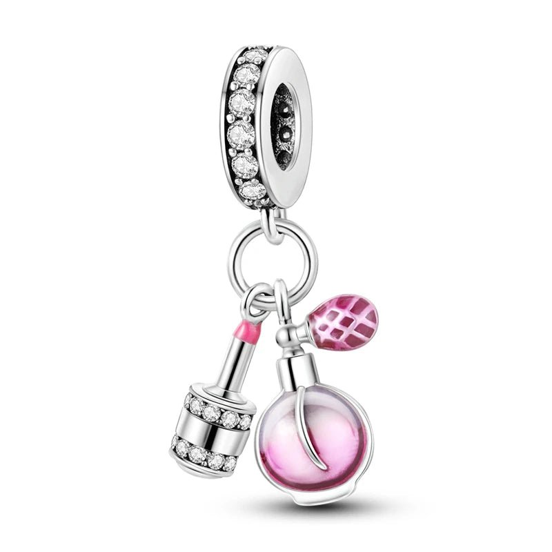 S925 Silver Plated Pink Perfume Bottle Luggage Camera Airplane Pendants Charms Fit Original Bracelets DIY Birthday Jewelry Gifts - Tara's Tiny Treasures