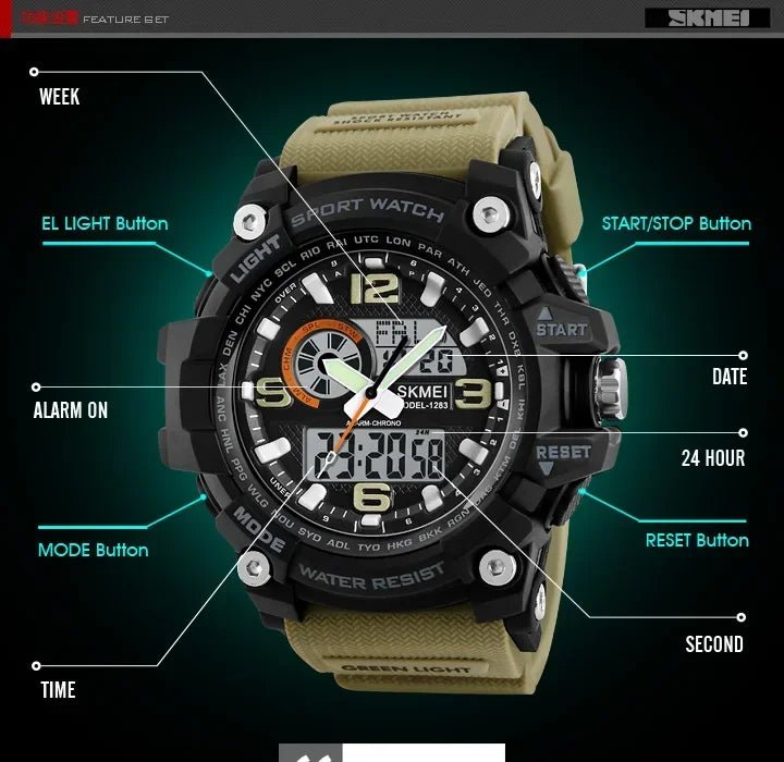 SKMEI 1283 Digital Quartz Watch for Men Waterproof Sport Electronic Countdown Man Wristwatches Military Alarm Clock Reloj Hombre - Tara's Tiny Treasures