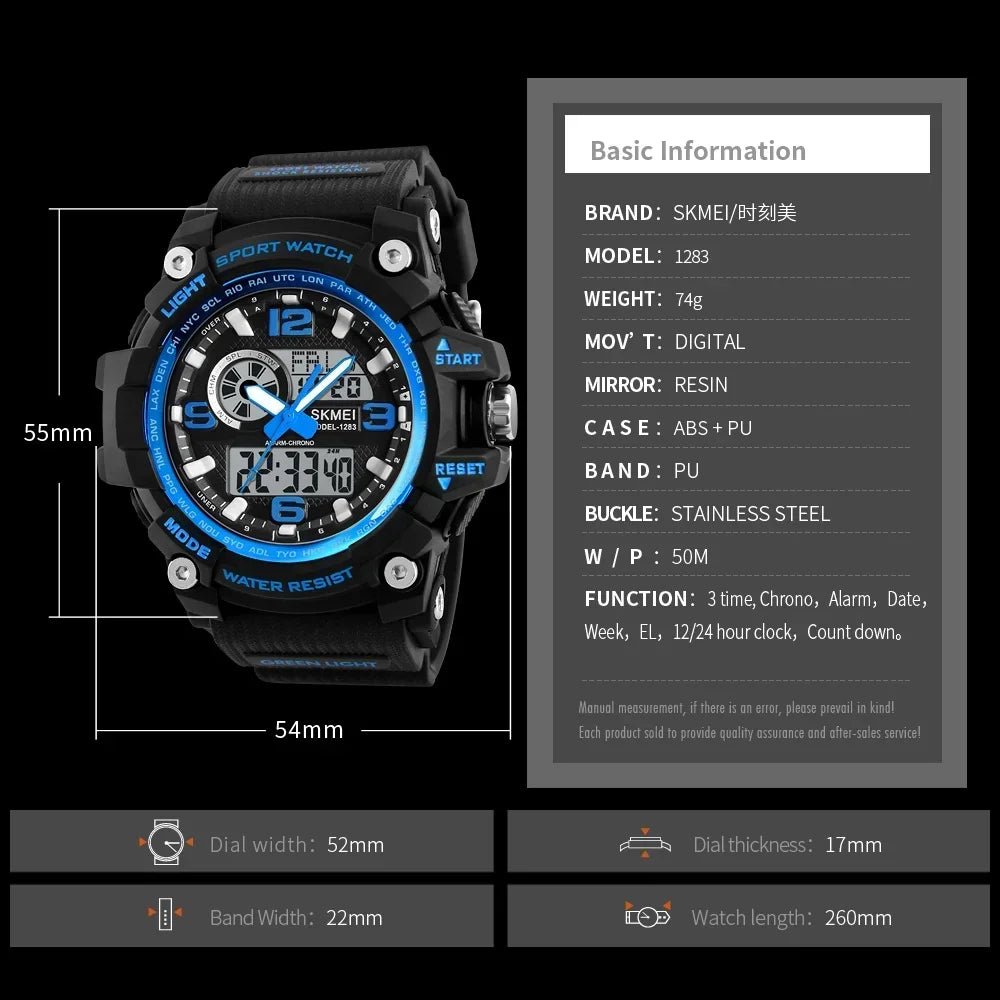 SKMEI 1283 Digital Quartz Watch for Men Waterproof Sport Electronic Countdown Man Wristwatches Military Alarm Clock Reloj Hombre - Tara's Tiny Treasures