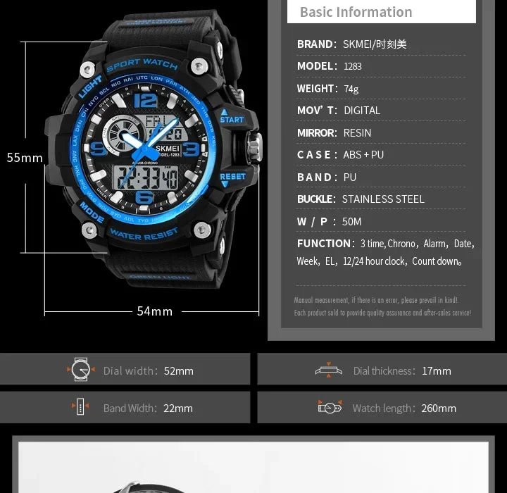 SKMEI 1283 Digital Quartz Watch for Men Waterproof Sport Electronic Countdown Man Wristwatches Military Alarm Clock Reloj Hombre - Tara's Tiny Treasures