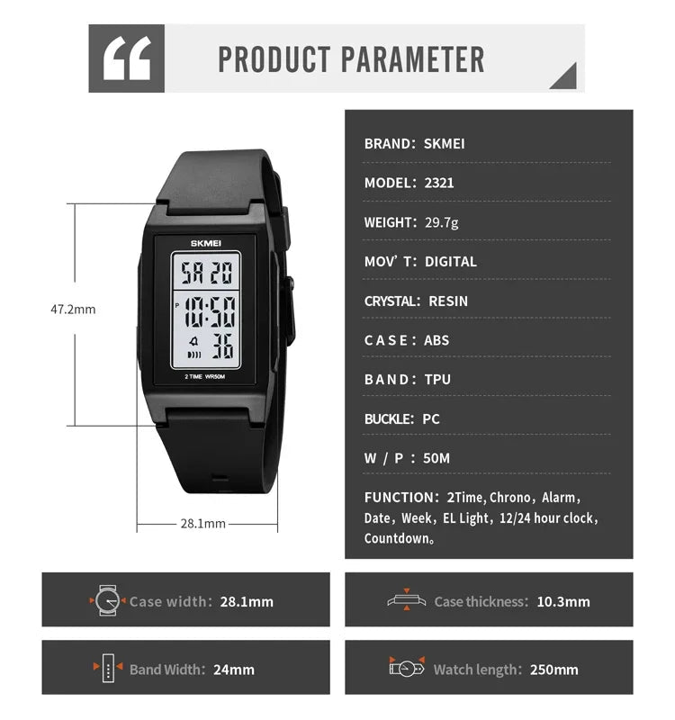 SKMEI 2321 Luxury Military Digital Watch for Men Sports Waterproof Electronic Mens Wristwatches Chrono Alarm 1988 Reloj Hombre - Tara's Tiny Treasures