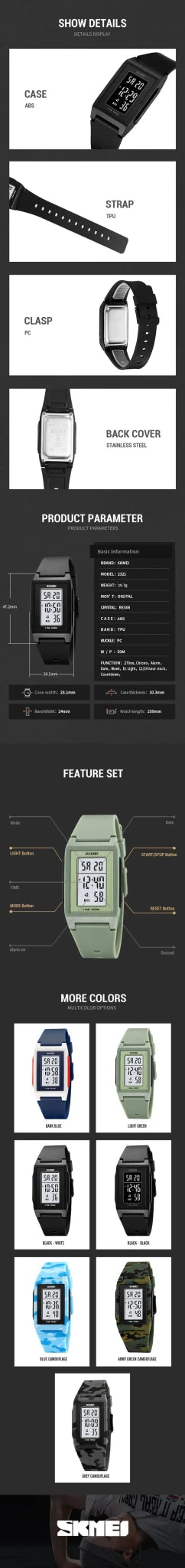 SKMEI 2321 Luxury Military Digital Watch for Men Sports Waterproof Electronic Mens Wristwatches Chrono Alarm 1988 Reloj Hombre - Tara's Tiny Treasures