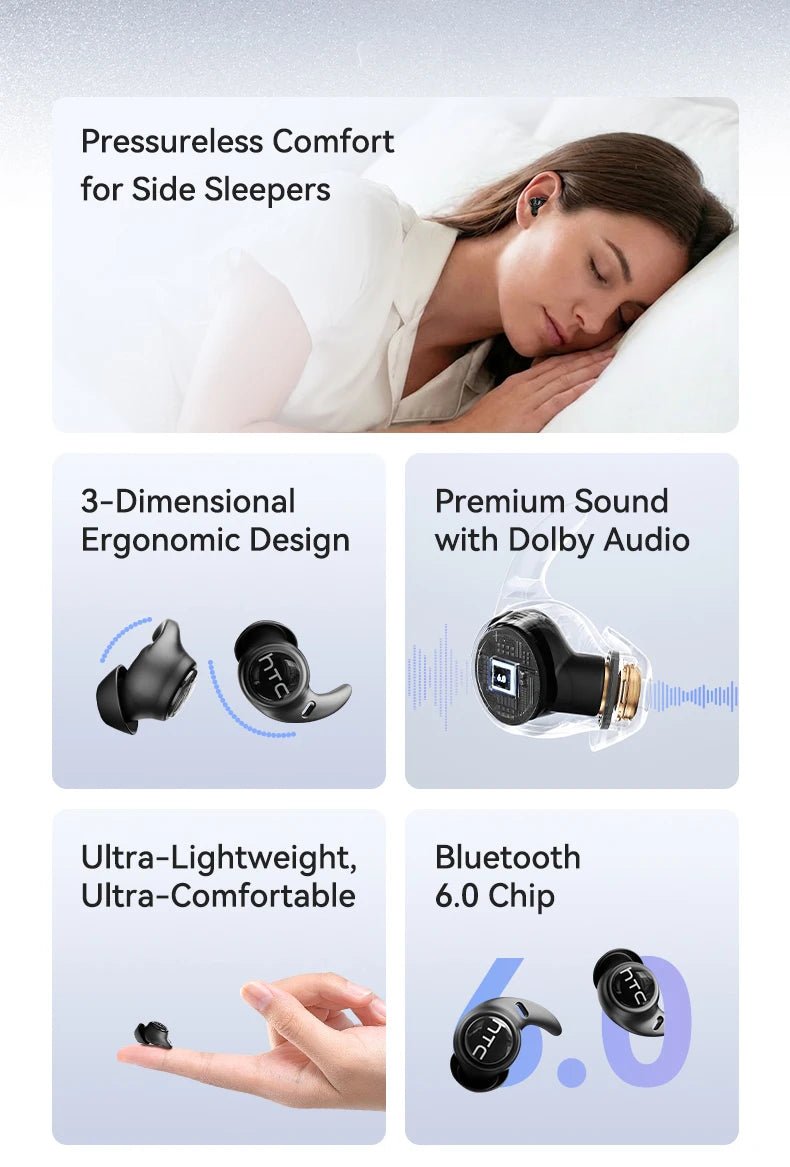 Sleeping Earphones HTC NE76 AI Translation Earbuds Wireless Bluetooth Noise Reduction HIFI Music Stereo Sound Headphones - Tara's Tiny Treasures