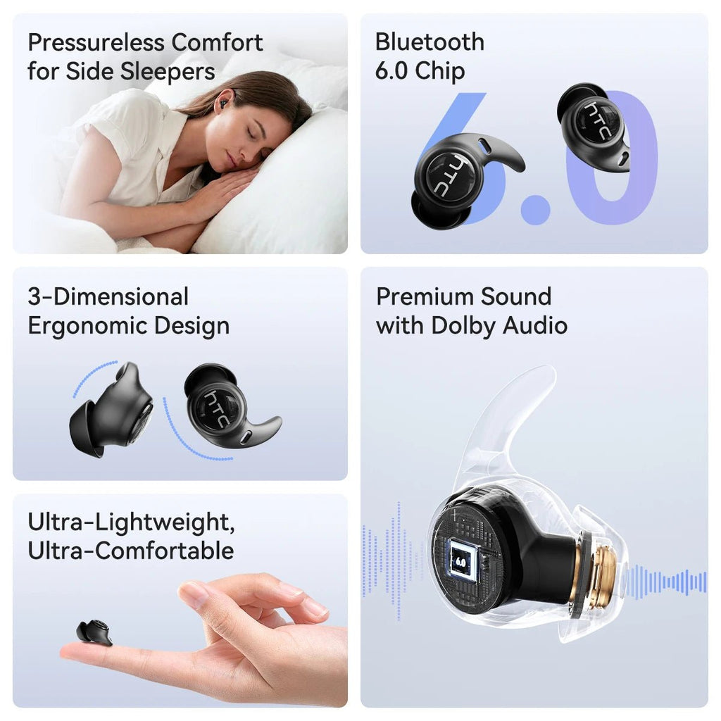 Sleeping Earphones HTC NE76 AI Translation Earbuds Wireless Bluetooth Noise Reduction HIFI Music Stereo Sound Headphones - Tara's Tiny Treasures