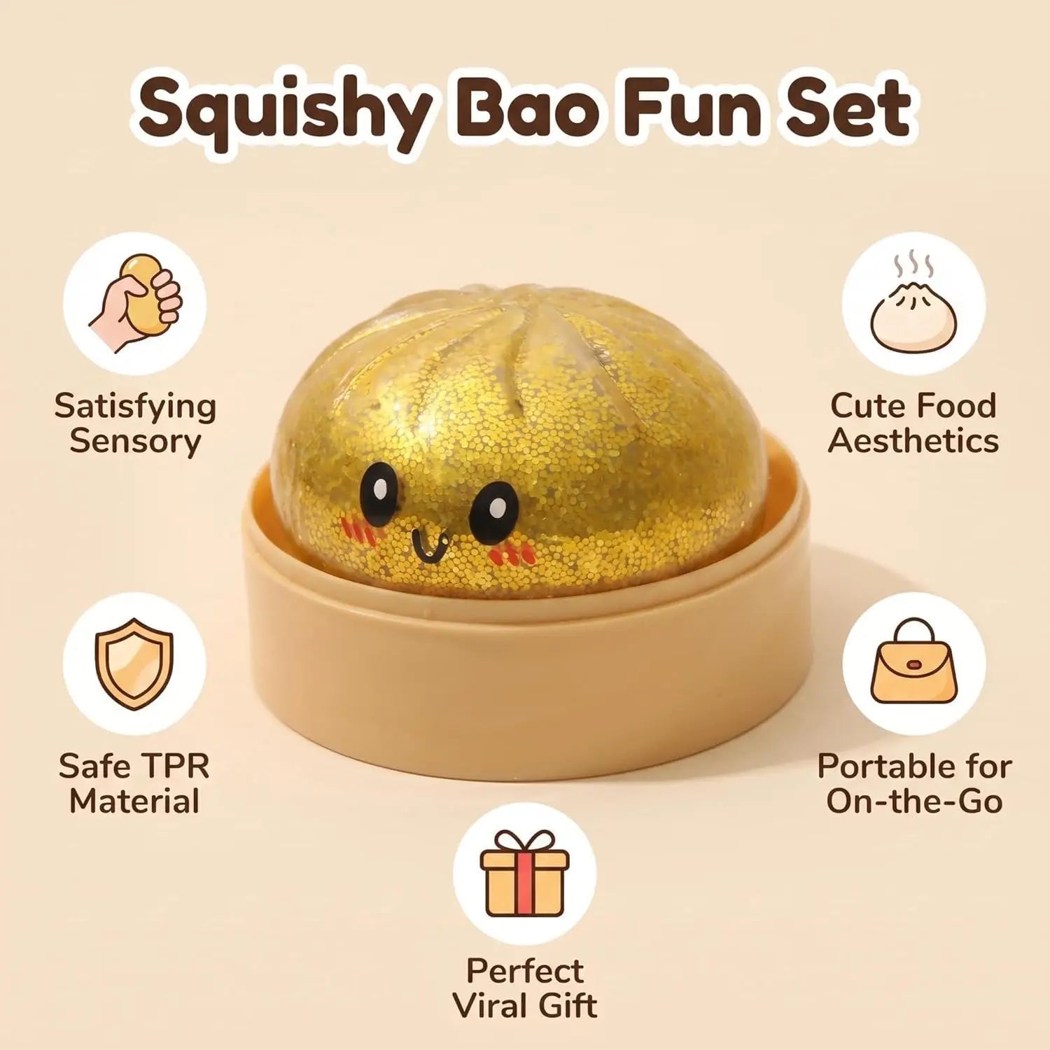 Sparkle Bun Squishy Toy Slow Rebound Stress Relief Squeeze Ball Soft With Bead&Steamer Fidget Toy for Anxiety Relief Sensory Toy - Tara's Tiny Treasures