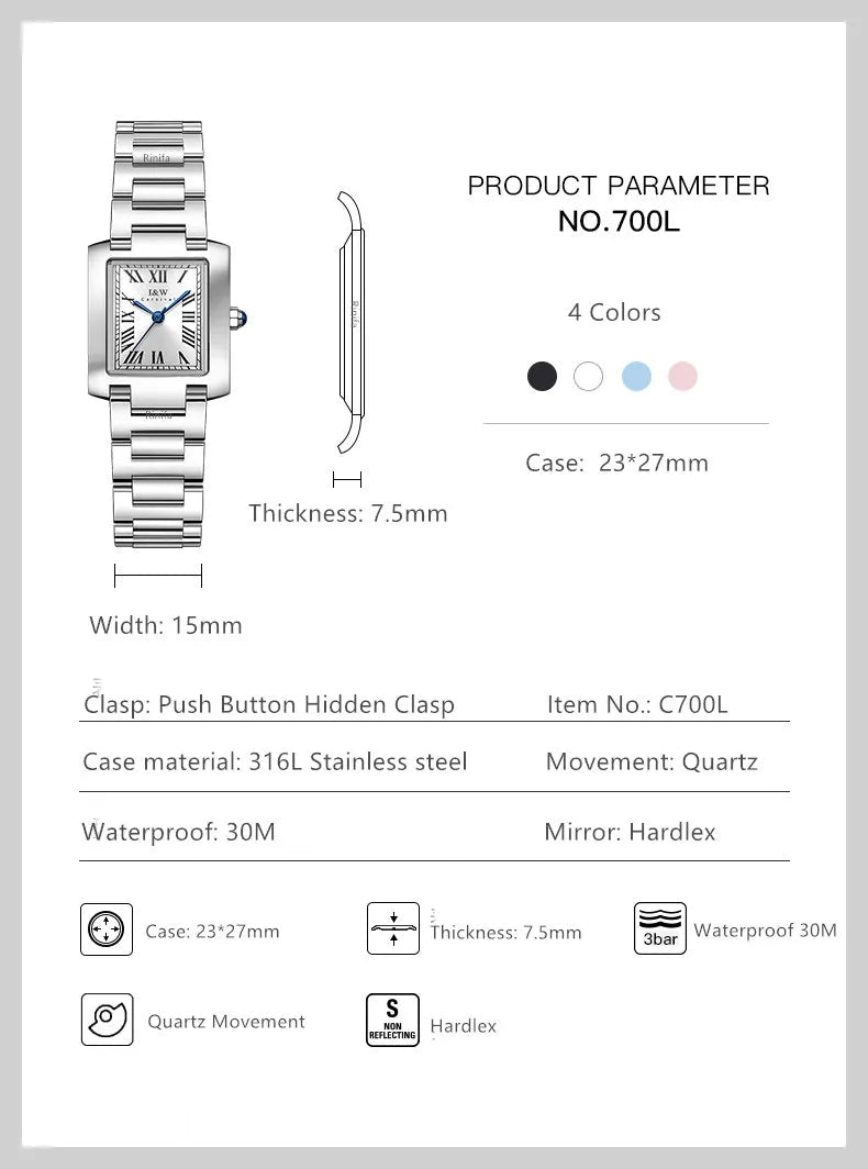 Top Brand Luxury Carnival Quartz Watch for Women Bracelet Square Full Steel Reloj Mujer Montre Femme Women's wristwatch White - Tara's Tiny Treasures