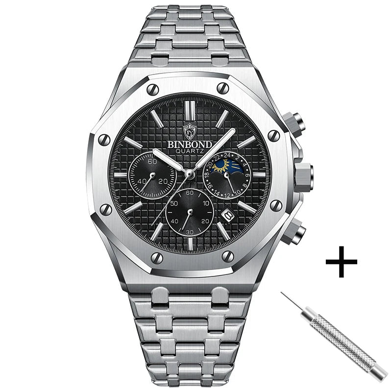 Top Brand Man Watch Luxury Luminous BINBOND B0161 Wristwatch Stainless Steel Waterproof Men Date Calendar Clock - Tara's Tiny Treasures