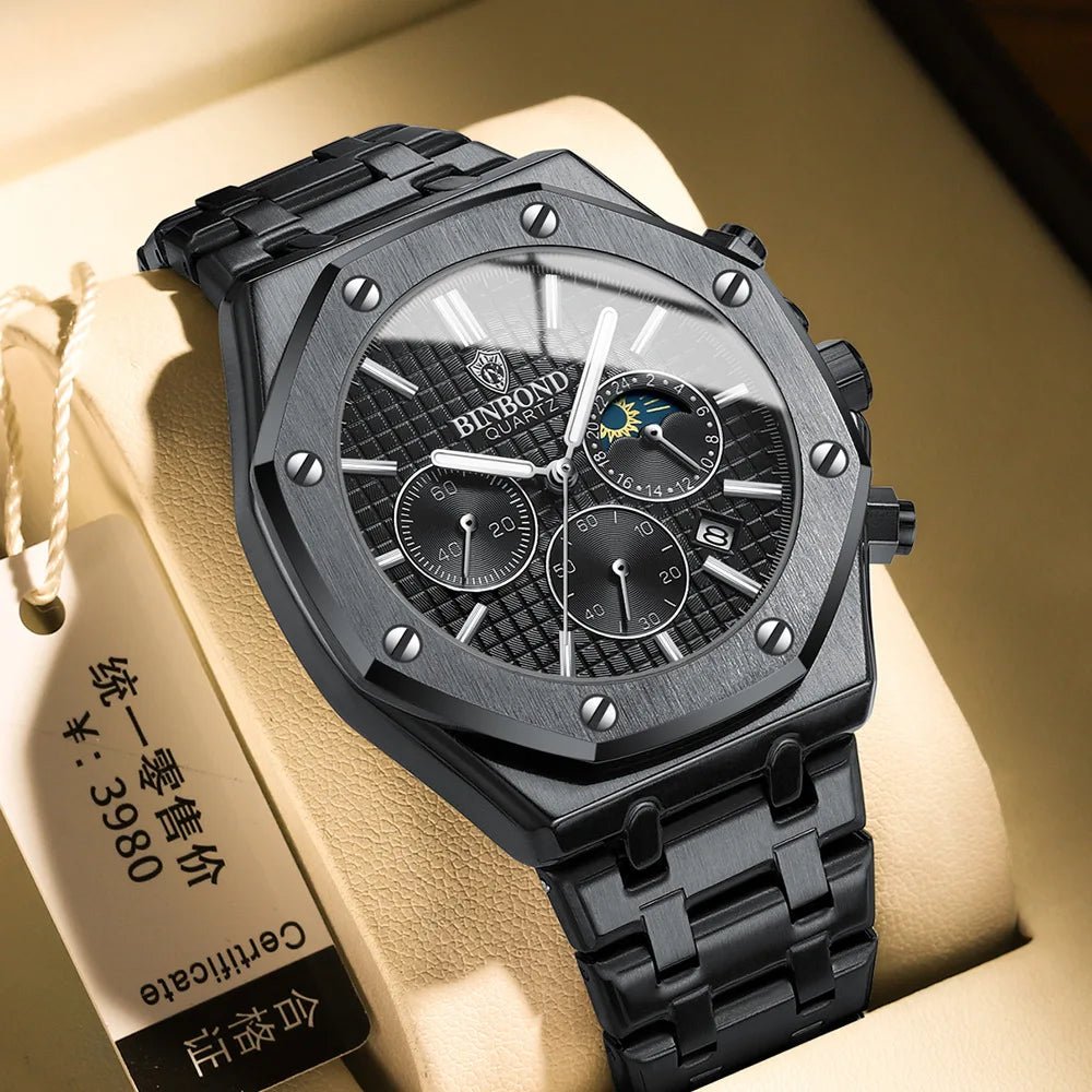 Top Brand Man Watch Luxury Luminous BINBOND B0161 Wristwatch Stainless Steel Waterproof Men Date Calendar Clock - Tara's Tiny Treasures