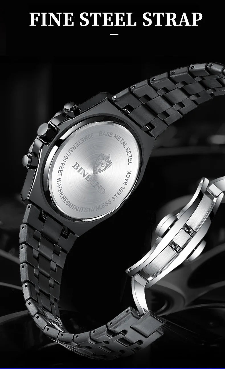 Top Brand Man Watch Luxury Luminous BINBOND B0161 Wristwatch Stainless Steel Waterproof Men Date Calendar Clock - Tara's Tiny Treasures