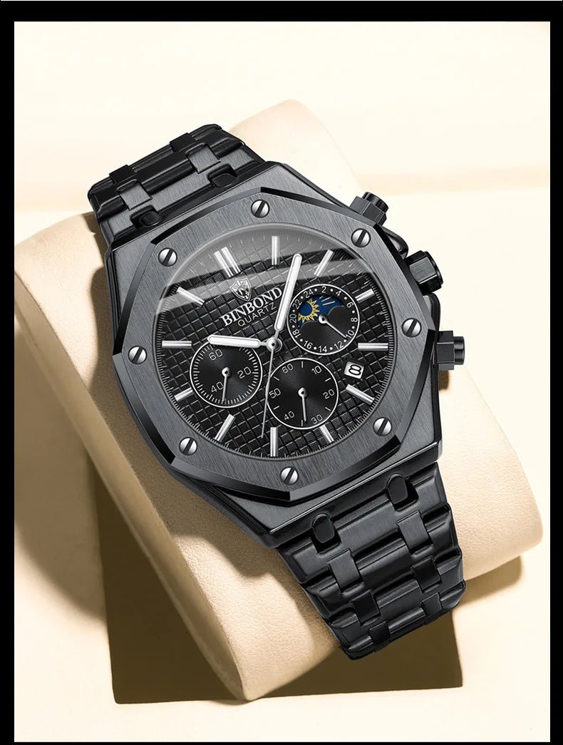 Top Brand Man Watch Luxury Luminous BINBOND B0161 Wristwatch Stainless Steel Waterproof Men Date Calendar Clock - Tara's Tiny Treasures